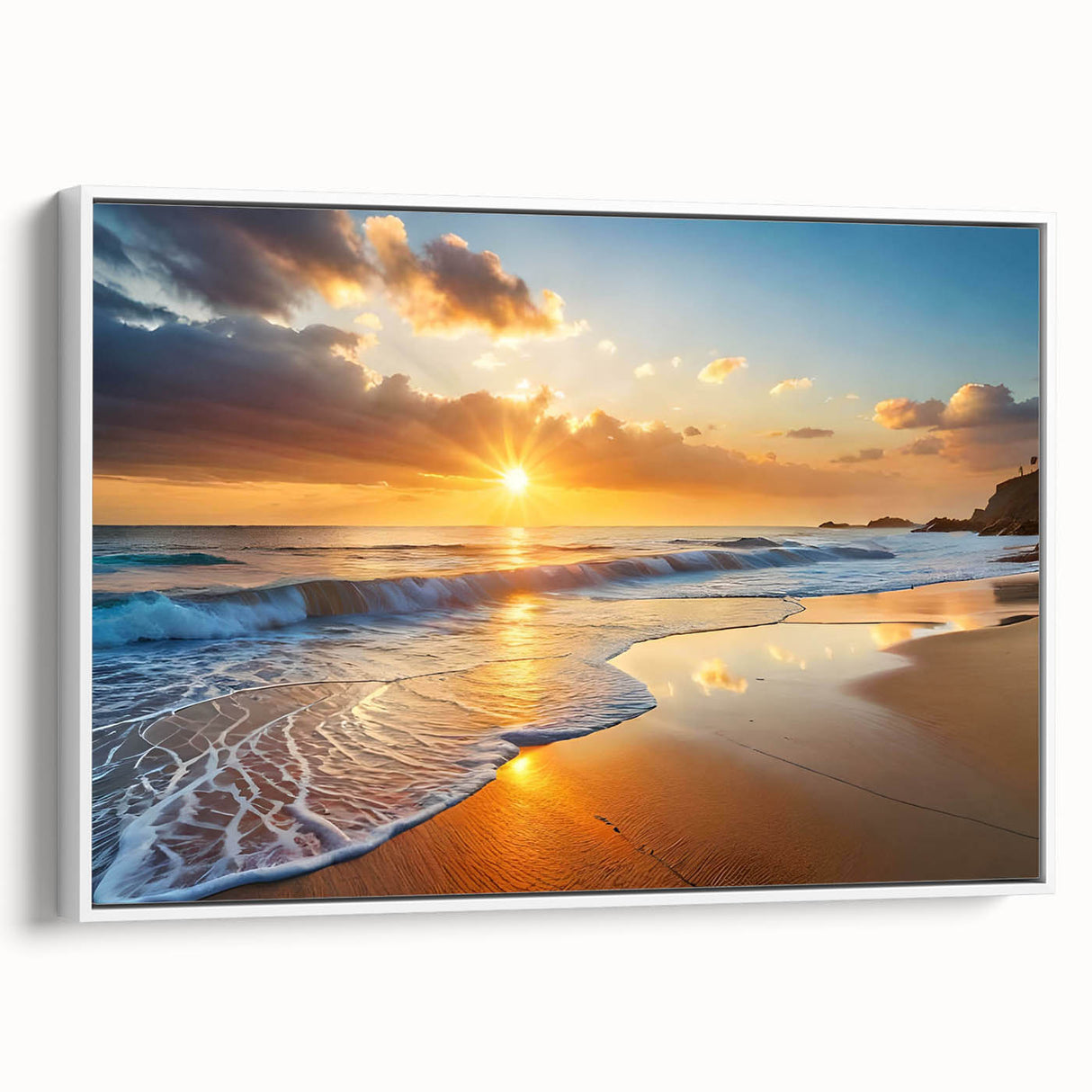Framed canvas wall art showcasing a serene beach landscape, featuring soft blues and sandy tones, perfect for adding a coastal vibe to home decor.