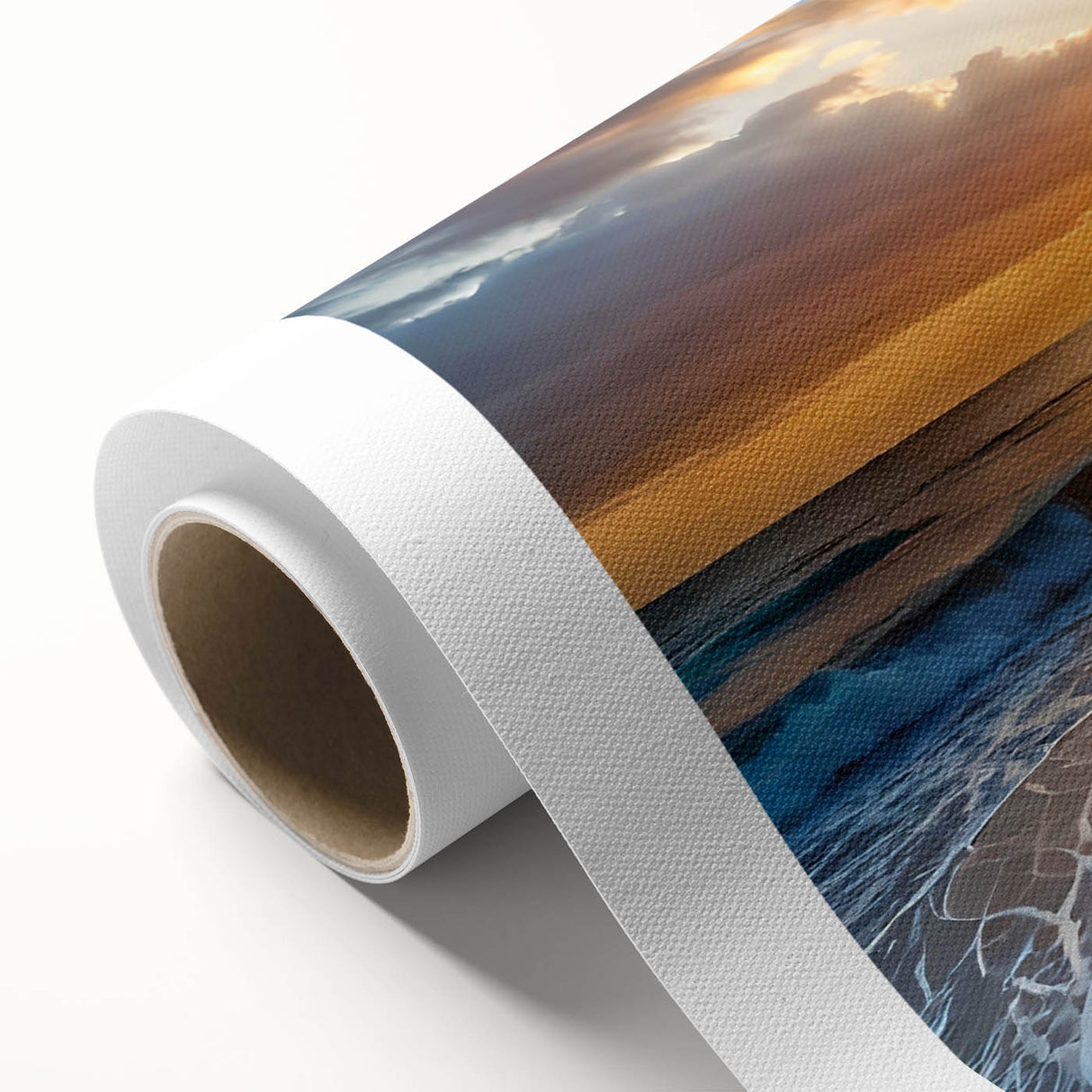 Vibrant rolled canvas wall art depicting a serene beach landscape at sunset, showcasing soft pastel colors and gentle waves, perfect for home decor.