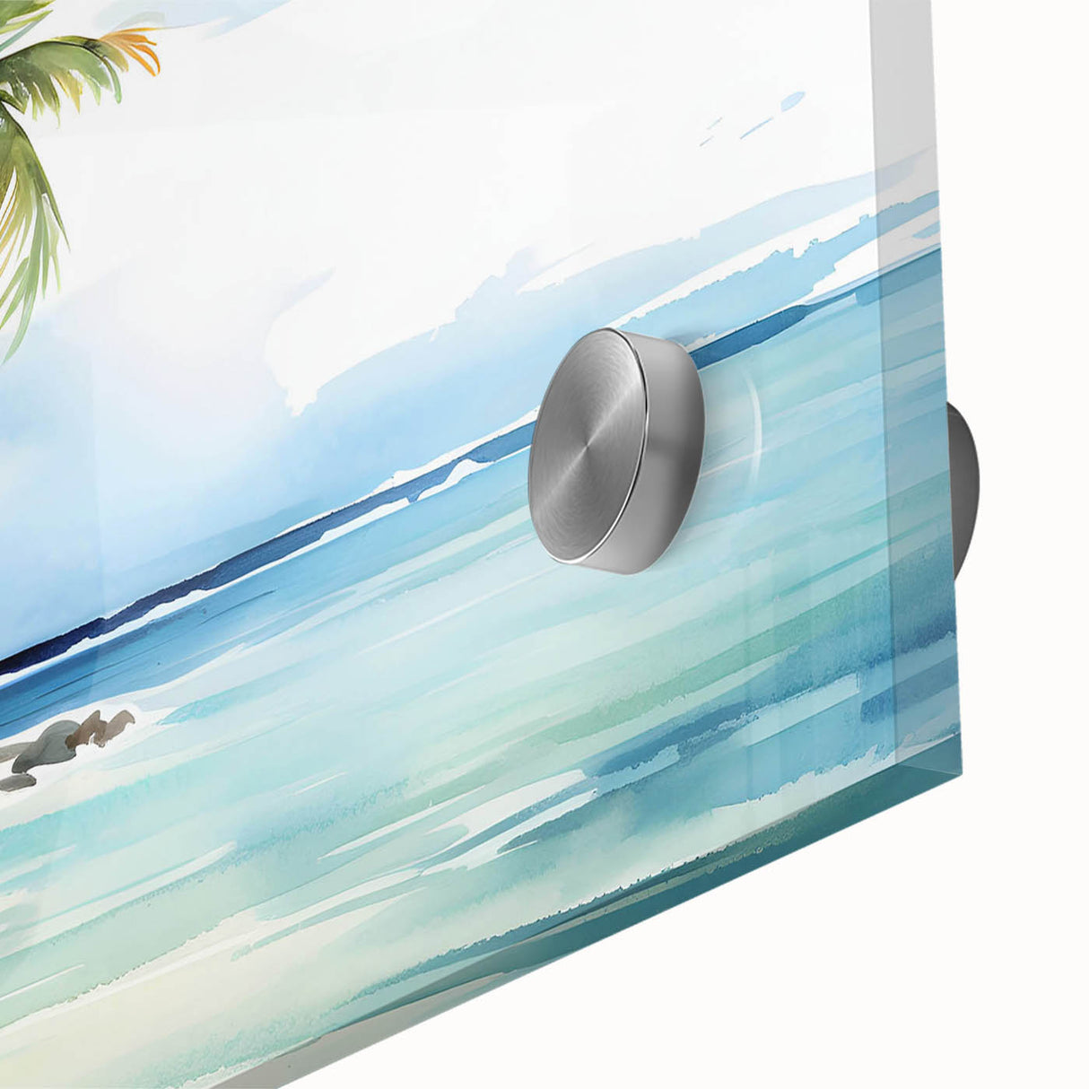 Close-up of a vibrant acrylic glass wall art piece showcasing a serene beach landscape, featuring soft waves and a blue sky, perfect for coastal decor enthusiasts.