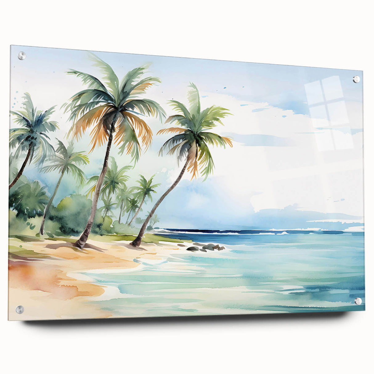 Acrylic glass wall art collection showcasing a vibrant beach landscape design, displayed from the side with decorative pins for a modern presentation.