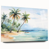 Acrylic wall art collection showcasing a vibrant beach landscape design, displayed in a clear glass frame from a side view, emphasizing colorful waves and sandy shore details. Perfect for enhancing coastal-themed decor in homes or offices.