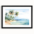 Framed wall art featuring a serene beach landscape design with vibrant colors and a black mat, perfect for home decor. Ideal for adding a coastal touch to any room.
