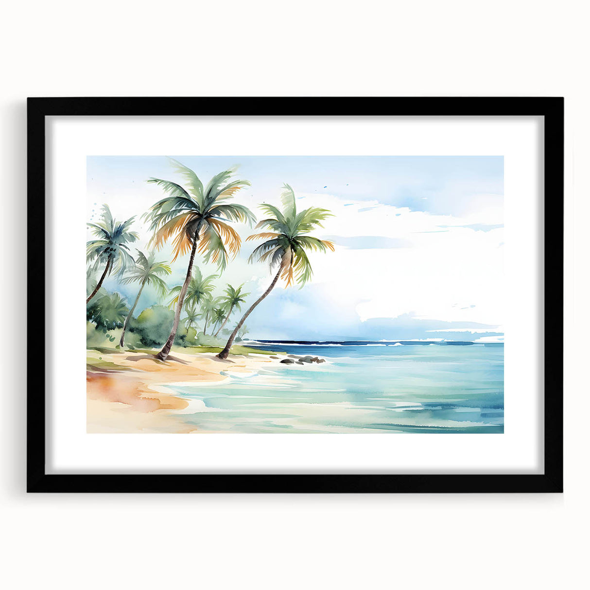 Framed wall art featuring a serene beach landscape design with vibrant colors and a black mat, perfect for home decor. Ideal for adding a coastal touch to any room.