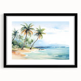 Framed wall art featuring a serene beach landscape design with vibrant colors and a black mat, perfect for home decor. Ideal for adding a coastal touch to any room.