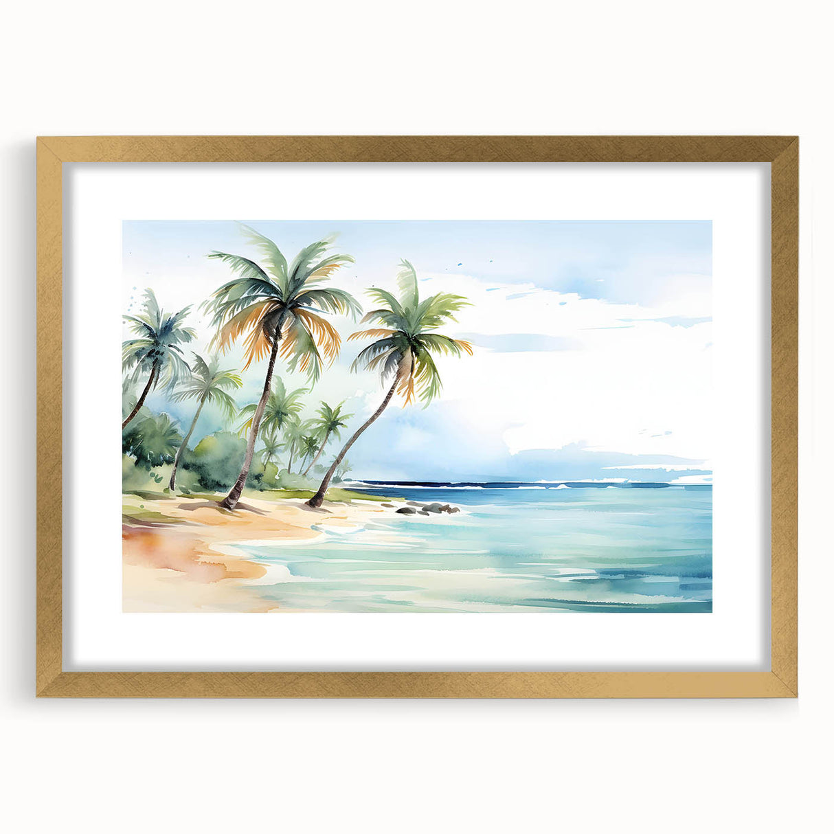 Framed wall art featuring a serene beach landscape with golden matting, ideal for home decor, enhancing coastal-themed interiors with calming vibes.