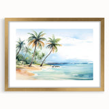 Framed wall art featuring a serene beach landscape with golden matting, ideal for home decor, enhancing coastal-themed interiors with calming vibes.