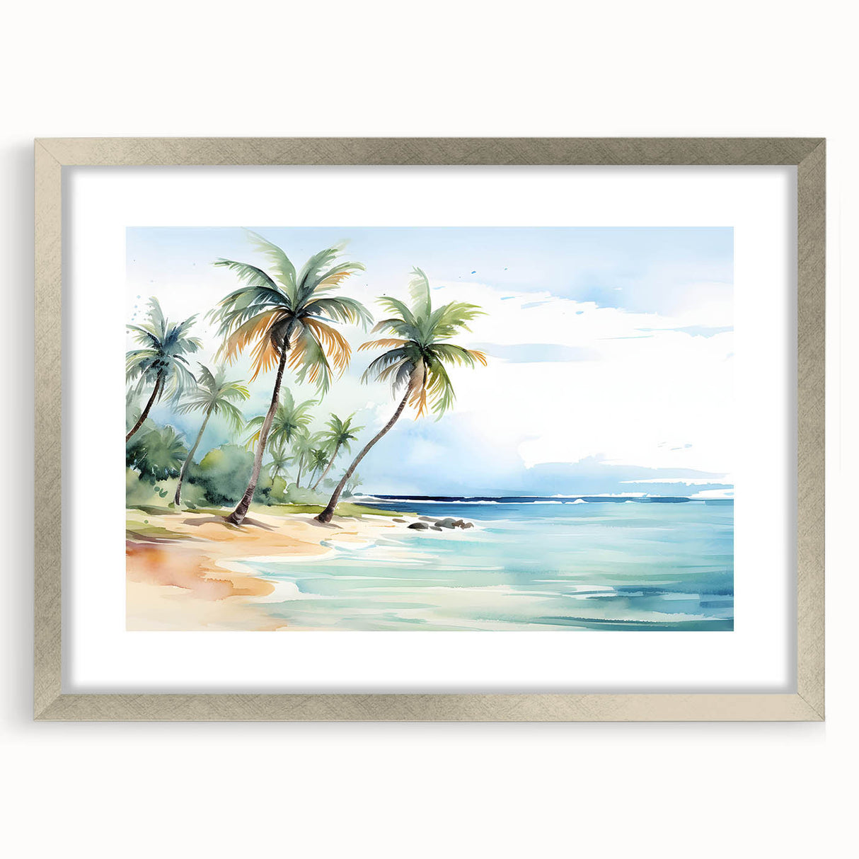 Silver-framed wall art showcasing a serene beach landscape design, featuring soft blue and sandy tones, ideal for home decor and relaxation themes.