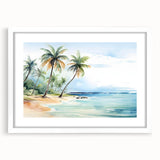 Framed white wall art print showcasing a serene beach landscape with vibrant colors and intricate details, designed to enhance home decor and evoke tranquility.
