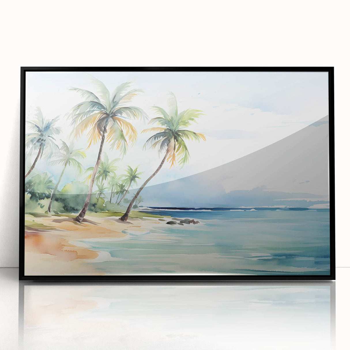 Framed acrylic wall art showcasing a vibrant beach landscape with rich hues of blue and gold, perfect for enhancing modern home decor.