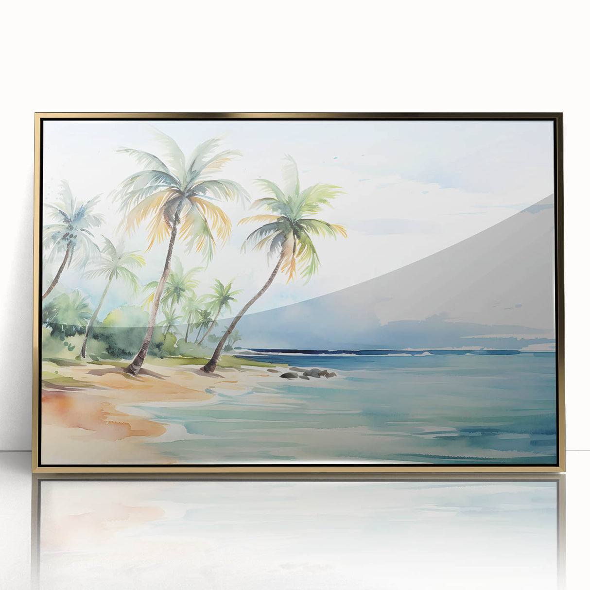 Framed acrylic wall art of a serene beach landscape featuring golden hues, perfect for enhancing home décor with a touch of tranquility and elegance.
