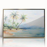 Framed acrylic wall art of a serene beach landscape featuring golden hues, perfect for enhancing home décor with a touch of tranquility and elegance.