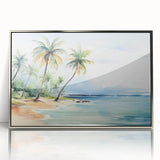 Framed acrylic wall art design showcasing a serene beach landscape with vibrant colors and a silver frame, perfect for modern home decor and wall aesthetics.