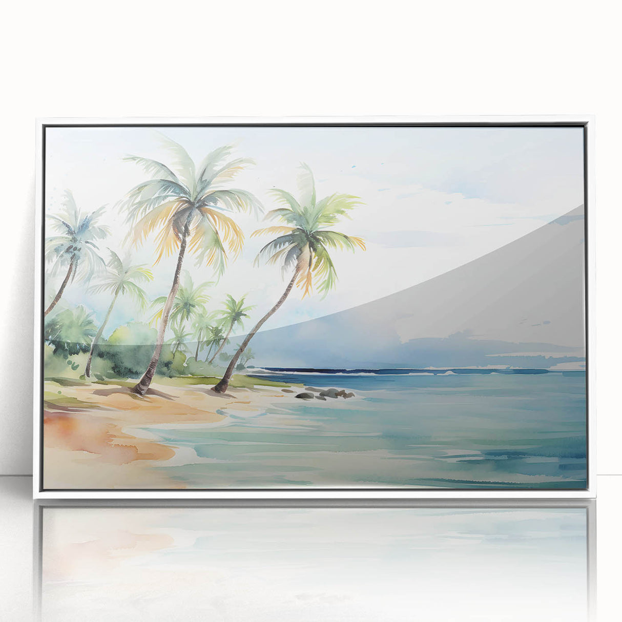 Framed wall art piece showcasing a serene beach landscape with vibrant colors, set in a sleek white frame, ideal for home decor or office enhancement.