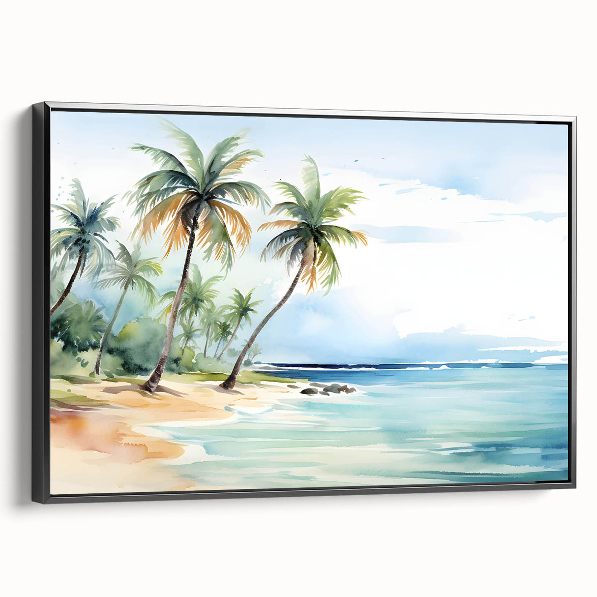 Framed canvas wall art depicting a serene beach landscape with vibrant colors, featuring a black frame and showcasing a side view of the artwork.