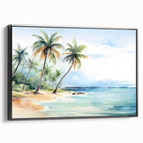 Framed canvas wall art depicting a serene beach landscape with vibrant colors, featuring a black frame and showcasing a side view of the artwork.