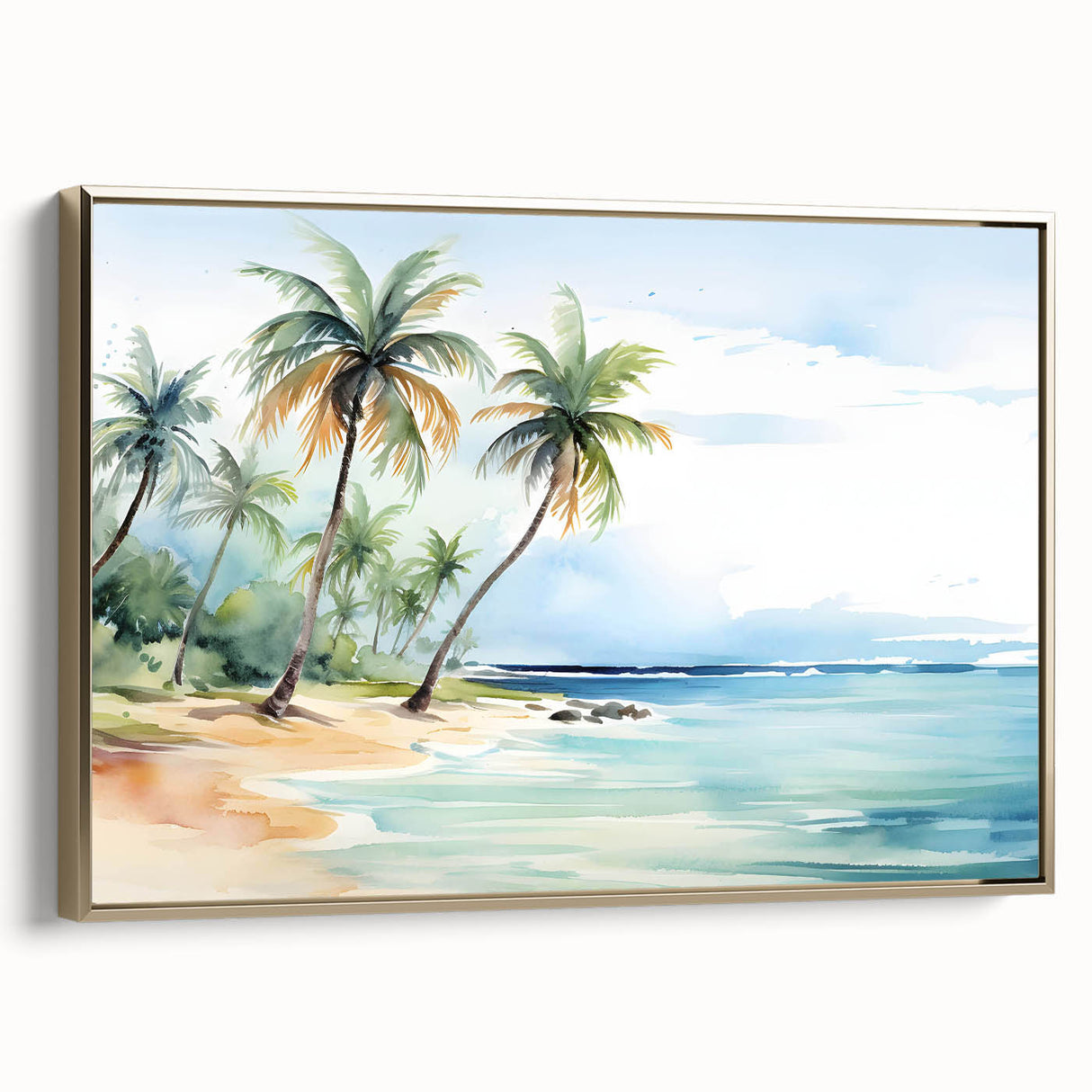 Framed canvas wall art showcasing a serene beach landscape with vibrant colors and gold accents, perfect for enhancing coastal-themed interiors.