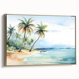 Framed canvas wall art showcasing a serene beach landscape with vibrant colors and gold accents, perfect for enhancing coastal-themed interiors.