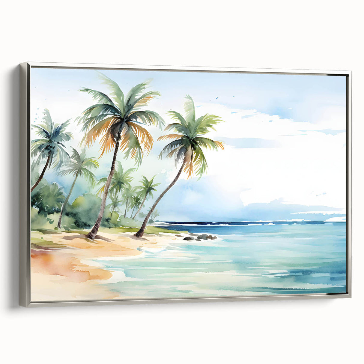 Framed canvas wall art showcasing a serene beach landscape with soft waves and vibrant sunset colors, elegantly designed with a silver frame, perfect for home decor.