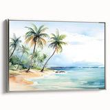 Framed canvas wall art showcasing a serene beach landscape with soft waves and vibrant sunset colors, elegantly designed with a silver frame, perfect for home decor.