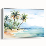 Framed canvas wall art depicting a serene beach landscape with vibrant colors, mounted with a white frame, showcasing waves and a clear sky. Perfect for coastal decor.