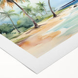 Vibrant rolled canvas wall art showcasing a serene beach landscape with soft waves and golden sands, perfect for coastal-themed decor and relaxation.
