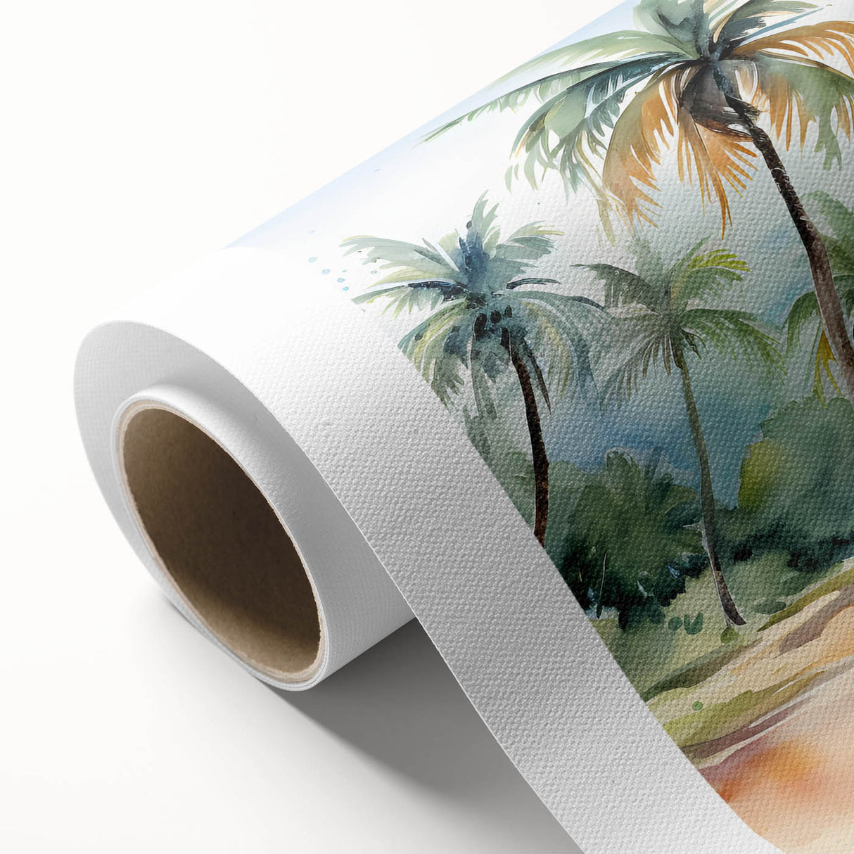 Rolled canvas artwork showcasing a vibrant beach landscape with intricate details and vivid colors, presented in a protective cardboard tube for easy display.