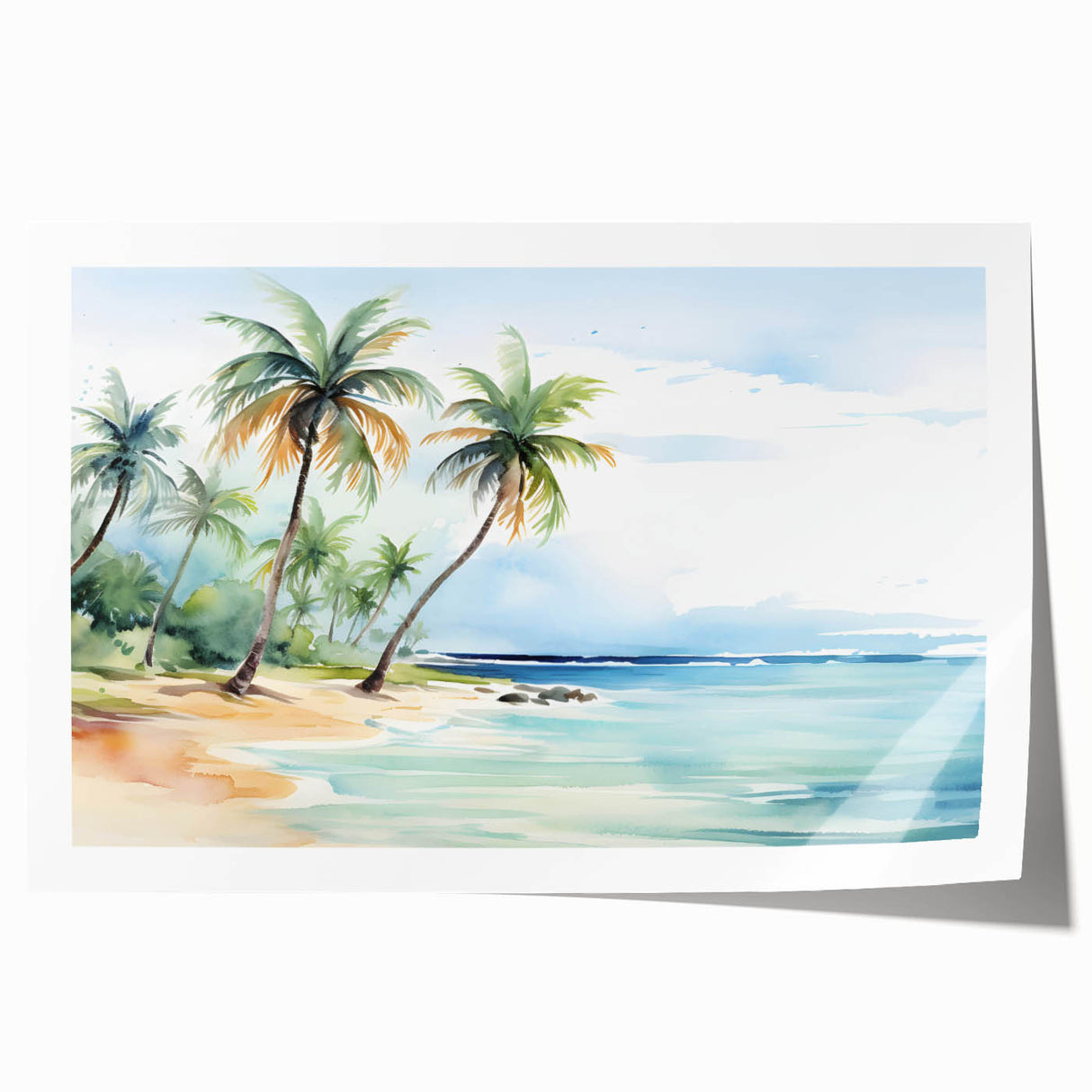 Vibrant rolled wall art print showcasing a serene beach landscape with soft waves, golden sands, and a clear blue sky, perfect for home decor.