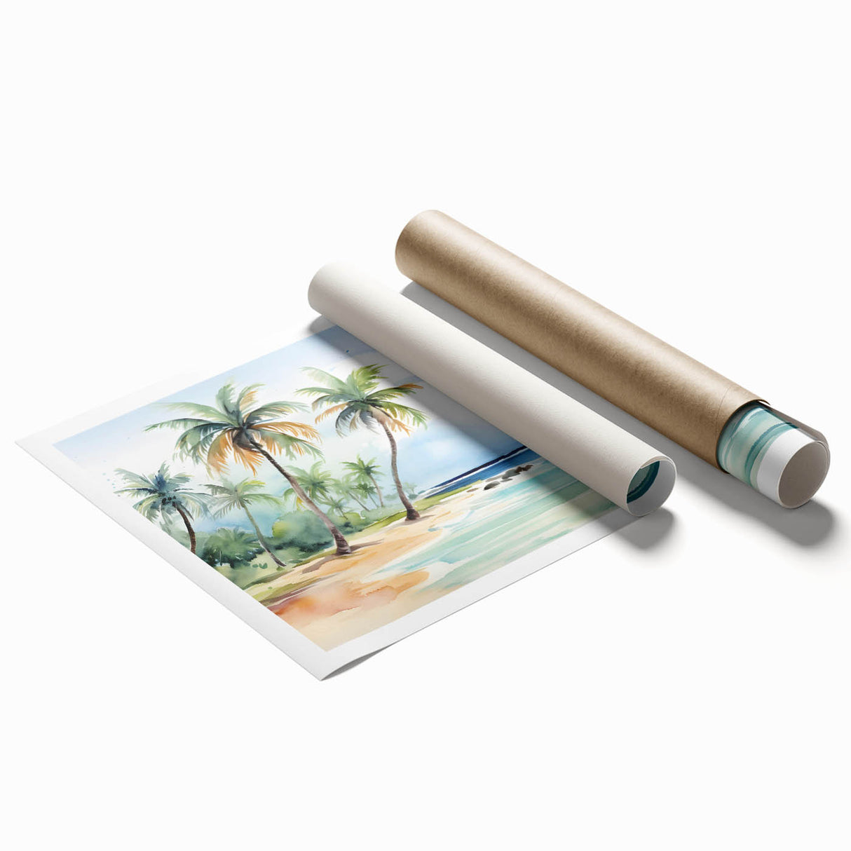 Stunning rolled canvas print showcasing a serene beach landscape with vibrant colors, ideal for home decor; packaged securely in a protective tube for delivery.