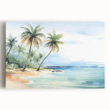 Stretched canvas wall art showcasing a serene beach landscape with vibrant colors and gentle waves, perfect for enhancing coastal-themed decor.
