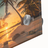 Close-up of a vibrant acrylic glass wall art piece depicting a serene beach landscape, showcasing vivid colors and intricate details, perfect for home decor.