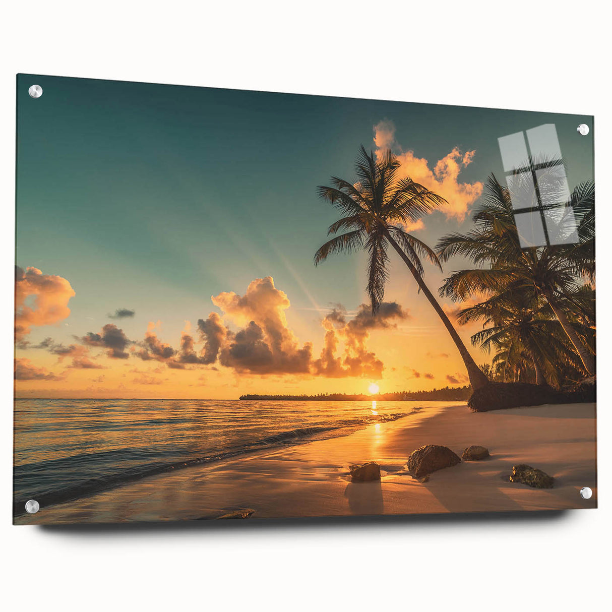 Side view of a modern acrylic glass wall art piece depicting a serene beach landscape, featuring vibrant colors and intricate details, elegantly mounted with pins for display.