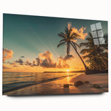 Acrylic glass wall art design showcasing a serene beach landscape in vibrant colors, viewed from the side without pins, ideal for modern decor. Perfect for enhancing coastal-themed interiors.
