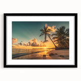 Framed wall art featuring a serene beach landscape design with vibrant colors, set in a sleek black frame, perfect for home decor enhancement.