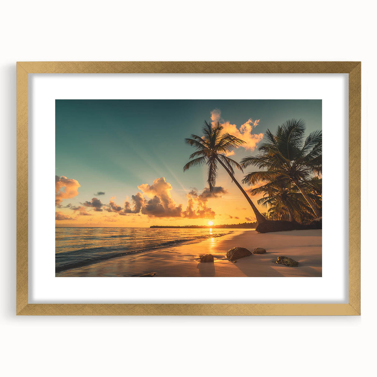 Framed wall art featuring a serene beach landscape design with gold matting, perfect for home decor. The vibrant colors and intricate details evoke a calming seaside atmosphere, enhancing any room's aesthetic.
