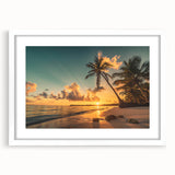Framed wall art showcasing a serene beach landscape, featuring soft pastel colors and a white mat, perfect for home decor and interior design enhancement.