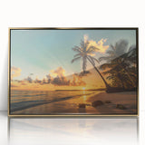 Framed acrylic wall art depicting a vibrant beach landscape with golden hues, showcasing serene waves and palm trees, perfect for coastal decor enthusiasts.