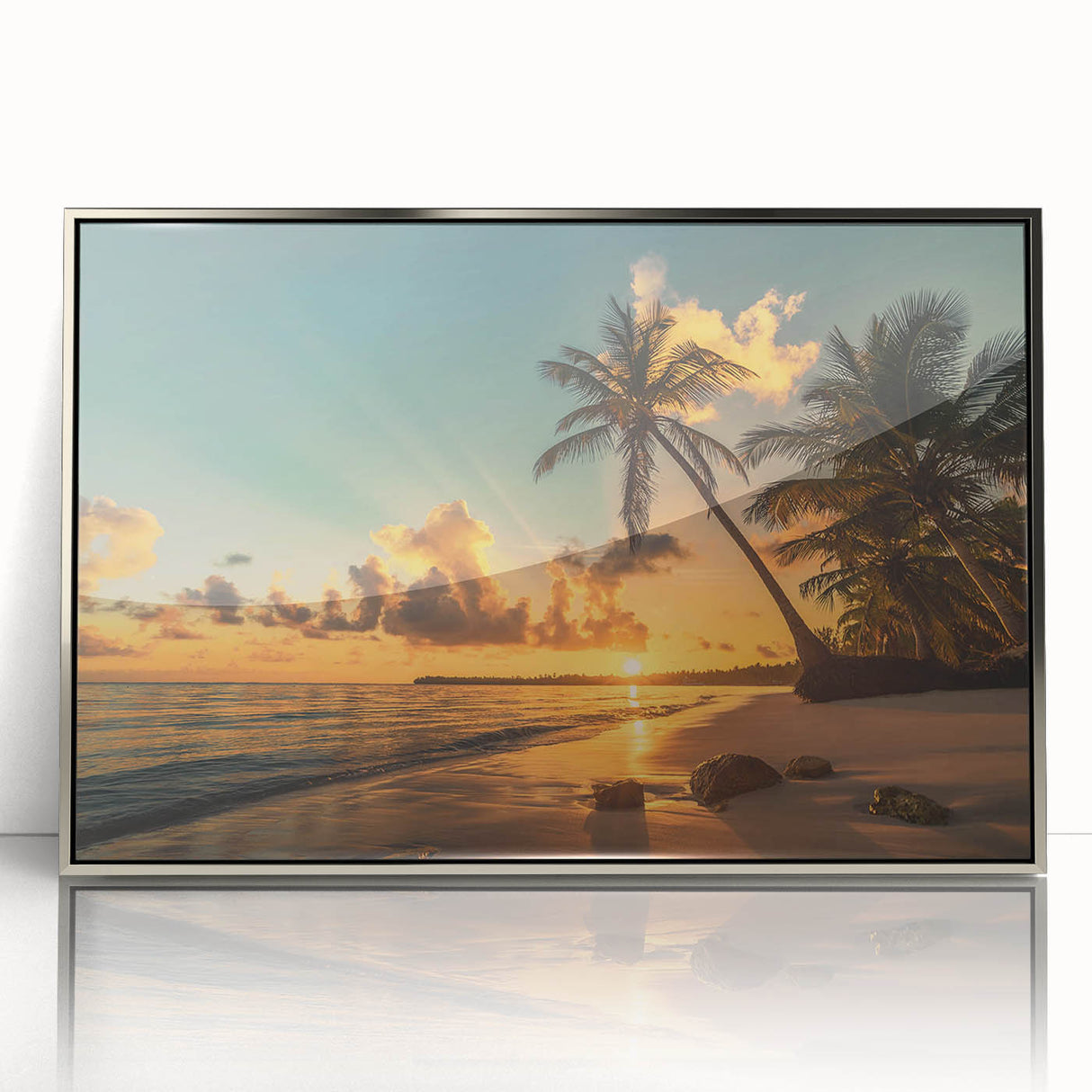 Framed acrylic wall art from the Landscapes Beaches Design collection, showcasing serene beach scenery with silver accents and a modern aesthetic, ideal for home decor.
