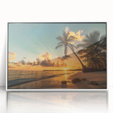 Framed acrylic wall art featuring a serene beach landscape with vibrant colors, perfect for home decor. The piece showcases gentle waves, sandy shores, and a clear sky, ideal for coastal-themed interiors.