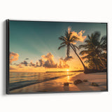 Framed canvas wall art showcasing a serene beach landscape with vibrant colors, featuring a black frame that enhances its modern aesthetic, ideal for home decor.