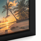 Close-up of a framed canvas artwork showcasing a serene beach landscape, highlighting vibrant blue ocean waves, golden sands, and a bright sky, perfect for coastal home decor.