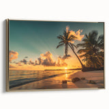 Framed canvas wall art featuring a serene beach landscape with golden hues, ideal for home decor, displayed from a side angle to showcase its depth and elegance.