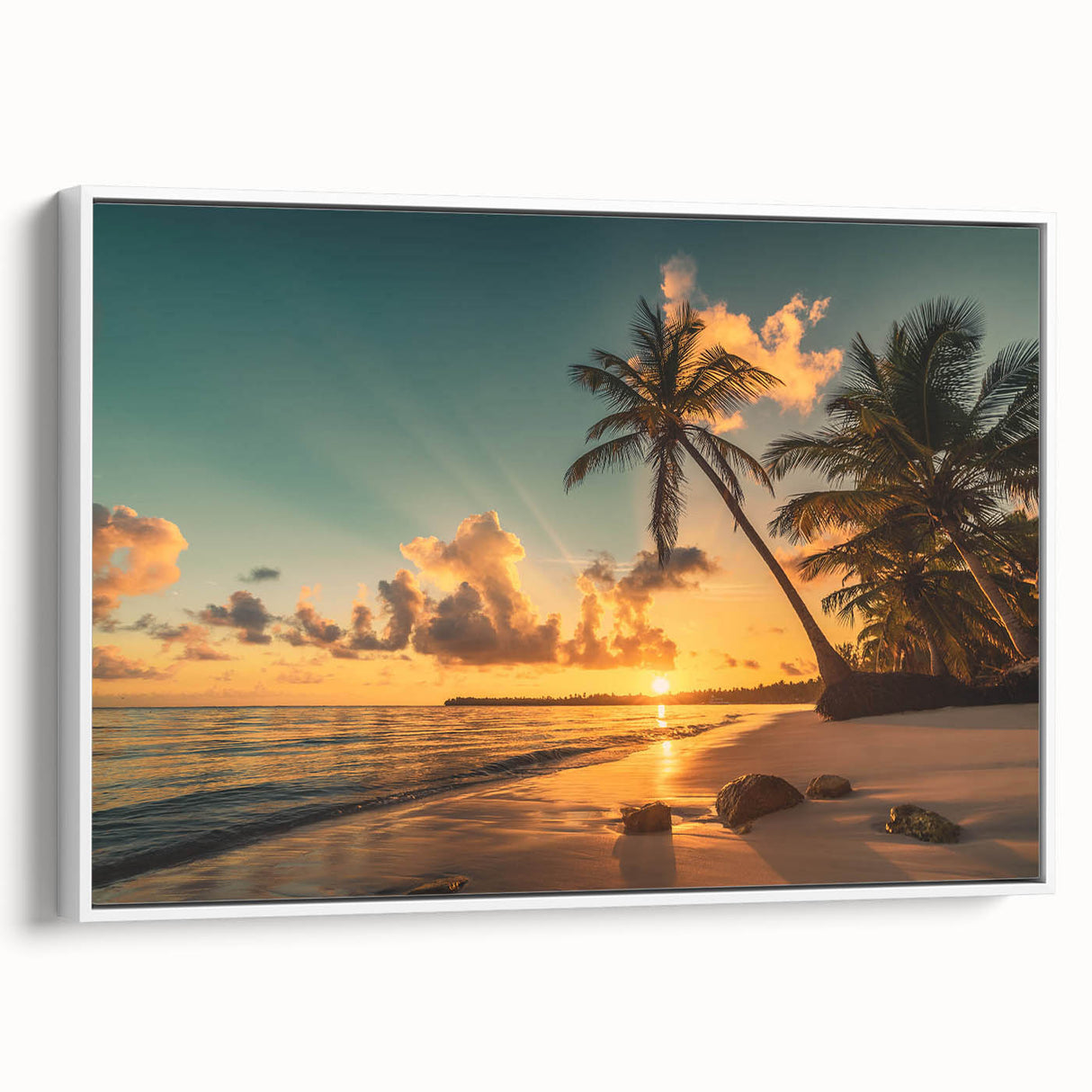 Framed canvas wall art showcasing a serene beach landscape with vibrant colors, displayed in a sleek white frame, perfect for coastal-themed decor.