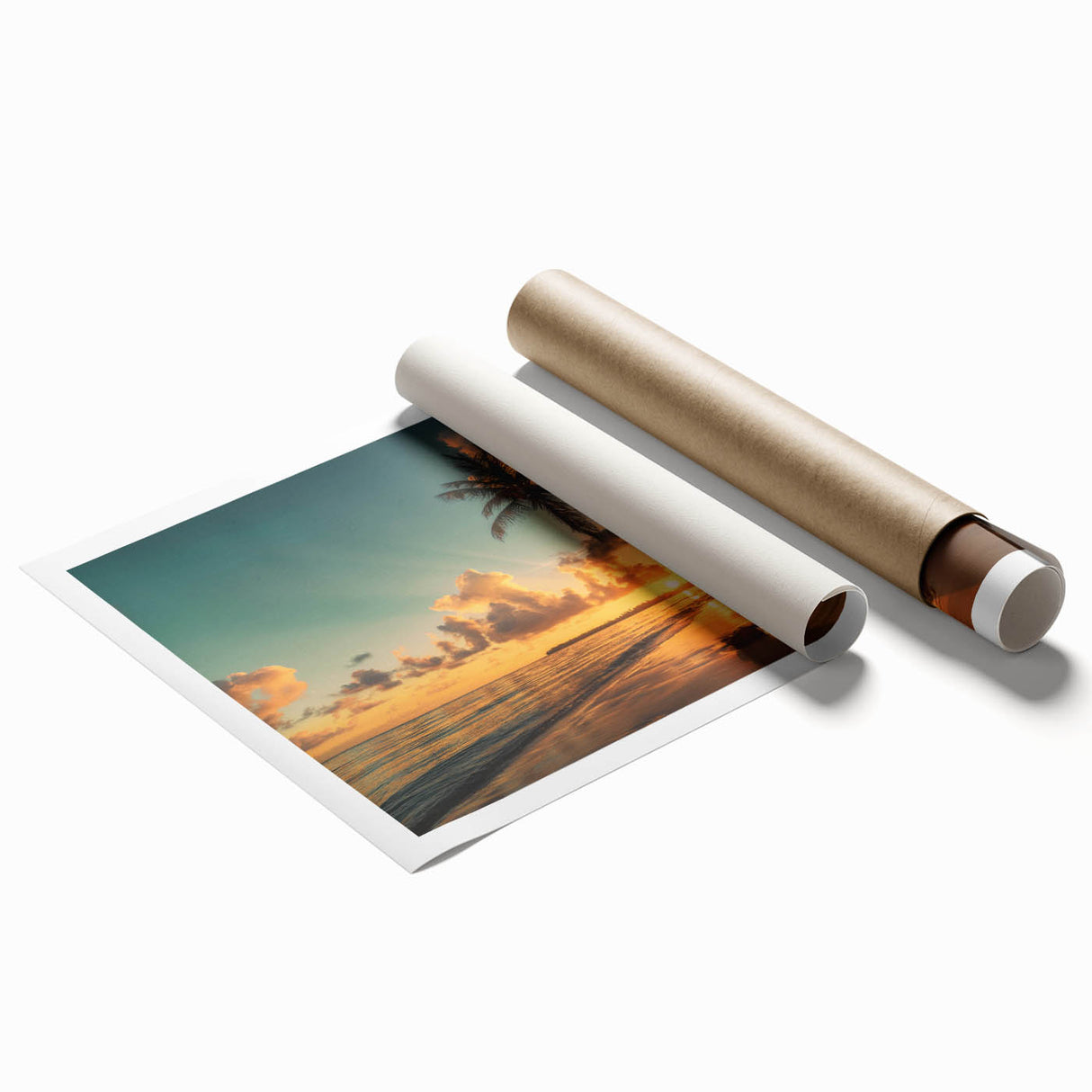 Vibrant rolled canvas print showcasing a serene beach landscape with soft waves and a sunset sky, designed for wall art decoration. Perfect for coastal-themed interiors.