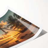 Colorful beach landscape wall art print showcasing vibrant blue skies, golden sands, and gentle waves, rolled for easy shipping and display. Perfect for coastal decor.