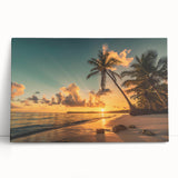 Stretched canvas wall art featuring a serene beach landscape with vibrant blues and sandy tones, elegantly leaning against a neutral wall, perfect for coastal-themed decor.