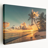 Stretched canvas wall art showcasing a vibrant beach landscape design, emphasizing rich colors and serene ocean waves, ideal for home decor enhancement.
