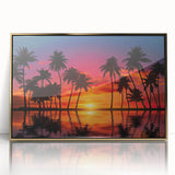 Framed wall art featuring a vibrant beach landscape design, showcasing golden hues and tranquil waves, perfect for home decor or coastal aesthetics.