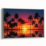 Framed canvas wall art showcasing a serene beach landscape with vibrant colors and intricate details, set against a sleek silver frame, ideal for home decor.