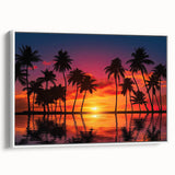 Framed canvas wall art showcasing a serene beach landscape with vibrant colors, elegantly displayed against a white background, perfect for home decor.