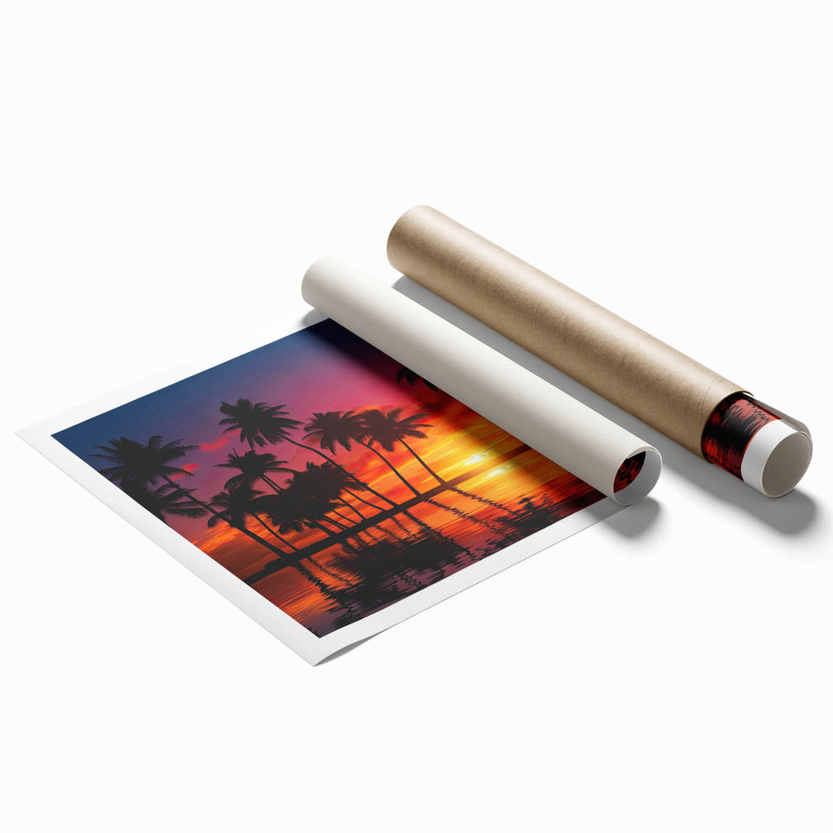 Vibrant rolled print of a serene beach landscape featuring soft waves and golden sand, ideal for coastal decor; packaged securely in a protective tube.